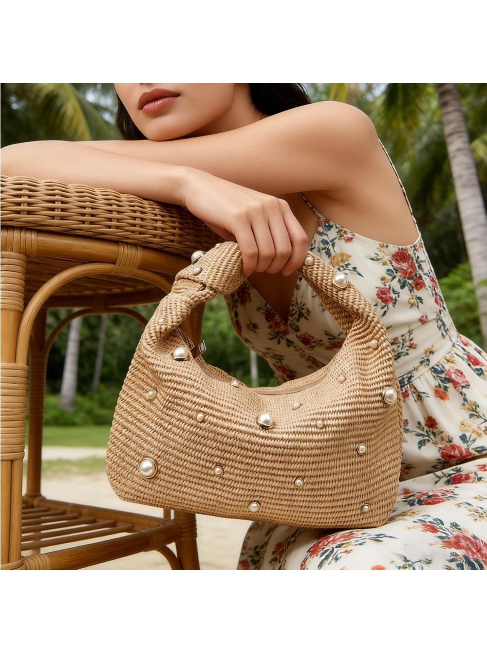 Woven Pearl-Embellished Shoulder Bag in Natural